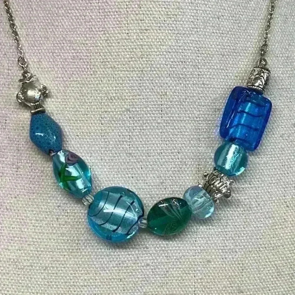 SAQ Blue Green Foil Glass Necklace with Silver Turtle and Fish - Picture 2 of 4